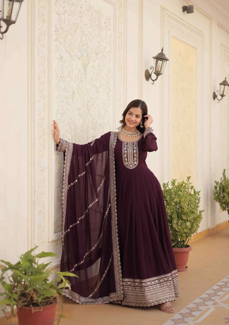 Wine Sequin Work Faux Blooming Anarkali With Dupatta - Indya