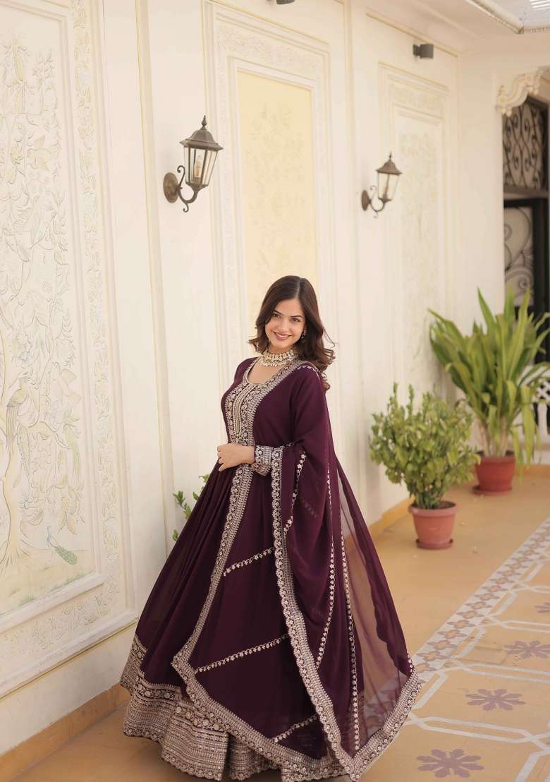 Wine Sequin Work Faux Blooming Anarkali With Dupatta - Indya