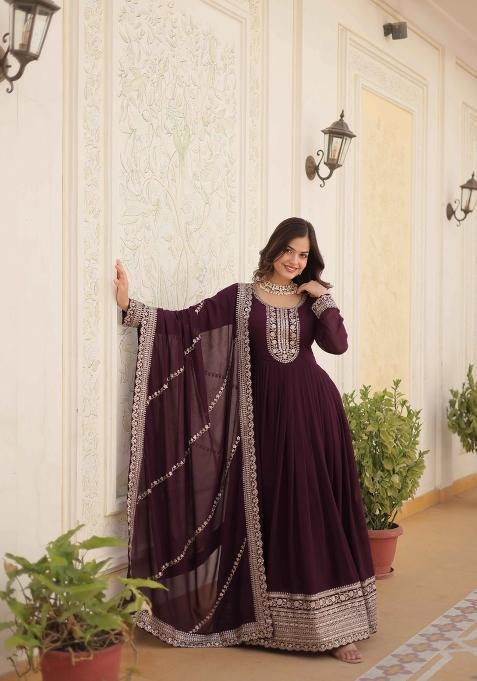 Wine Sequin Work Faux Blooming Anarkali With Dupatta