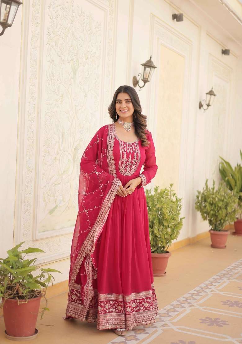Pink Sequin Work Faux Blooming Anarkali With Dupatta - Indya