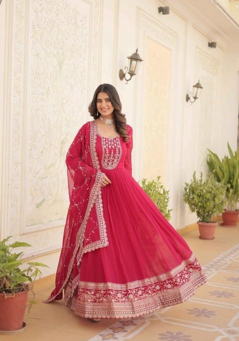 Pink Sequin Work Faux Blooming Anarkali With Dupatta