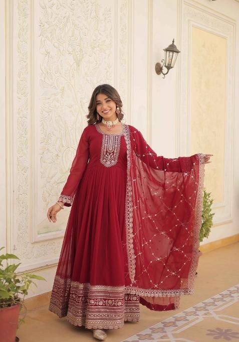 Maroon Sequin Work Faux Blooming Anarkali With Dupatta