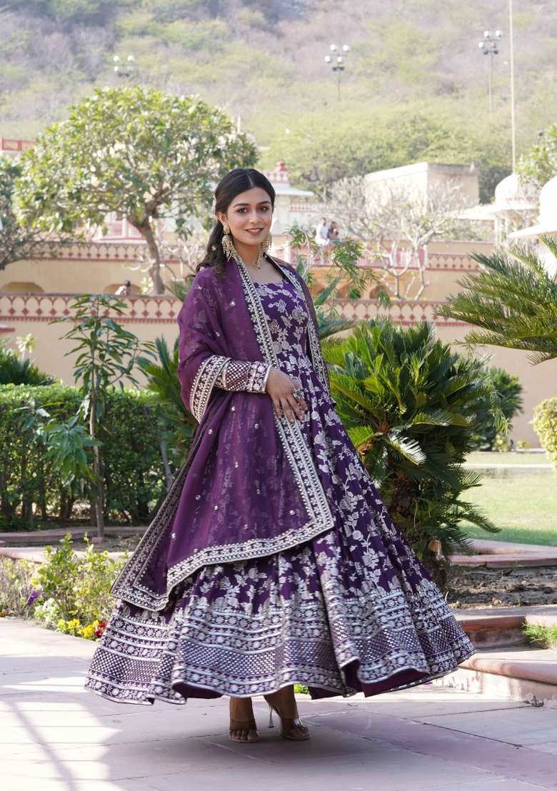 Wine Sequin Work Viscose Anarkali With Dupatta - Indya