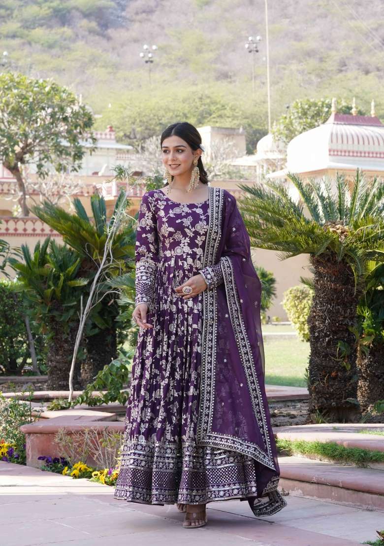 Wine Sequin Work Viscose Anarkali With Dupatta - Indya