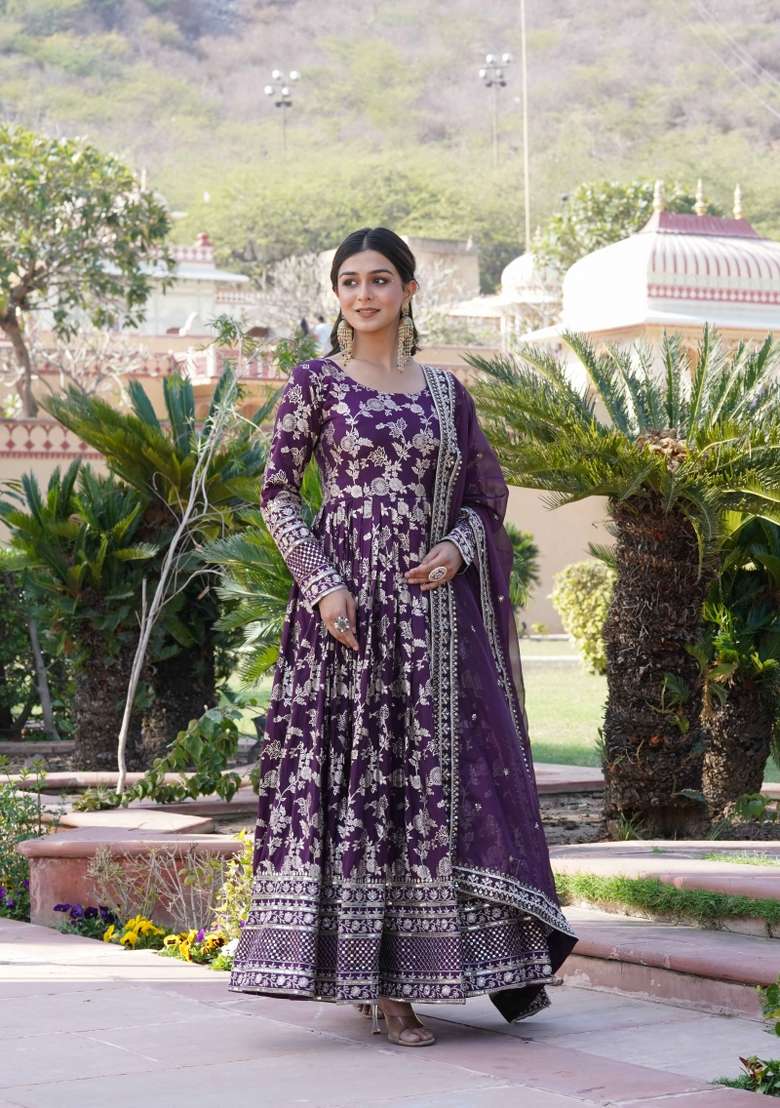 Wine Sequin Work Viscose Anarkali With Dupatta - Indya