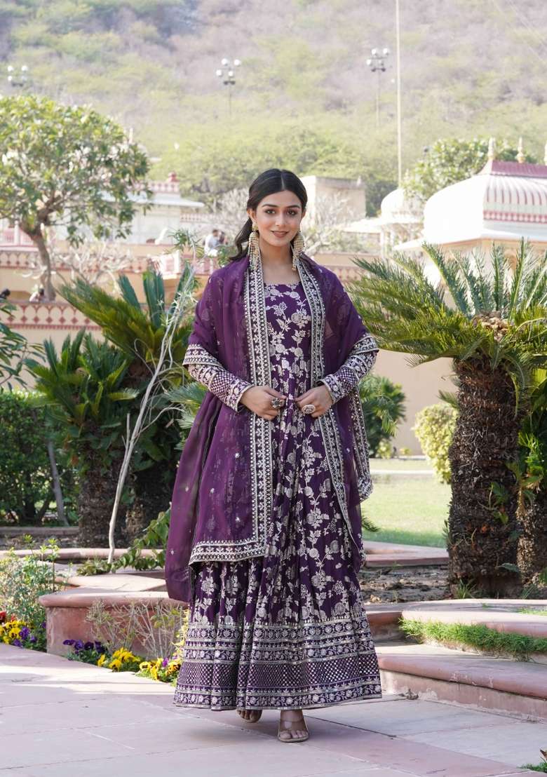Wine Sequin Work Viscose Anarkali With Dupatta - Indya