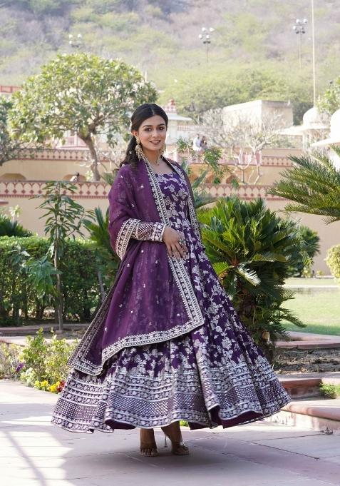 Wine Sequin Work Viscose Anarkali With Dupatta