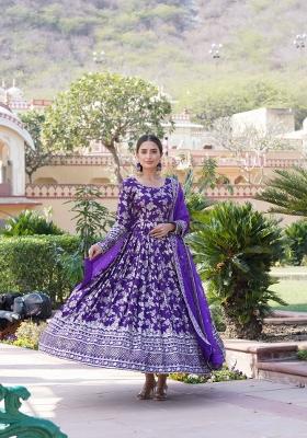 Purple Sequin Work Viscose Anarkali With Dupatta