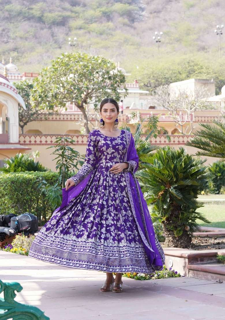 Purple Sequin Work Viscose Anarkali With Dupatta - Indya