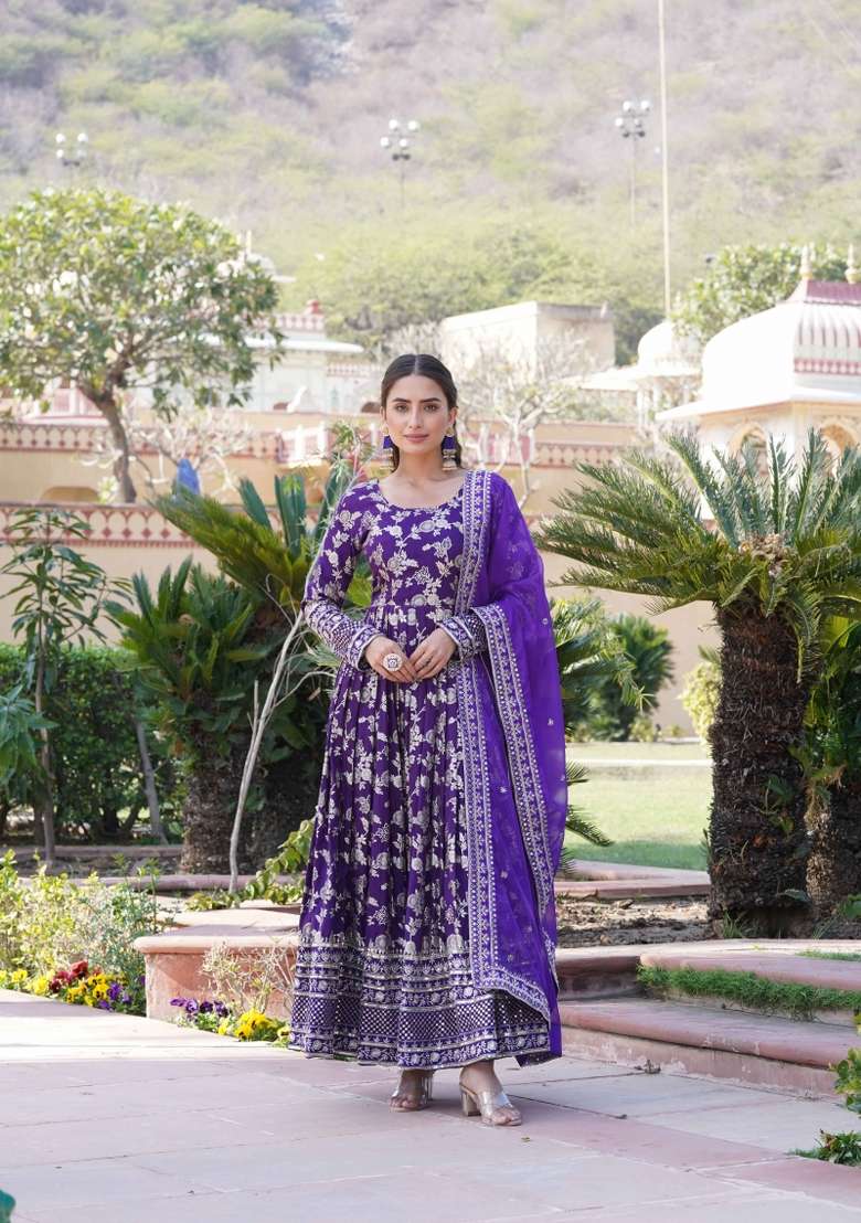 Purple Sequin Work Viscose Anarkali With Dupatta - Indya