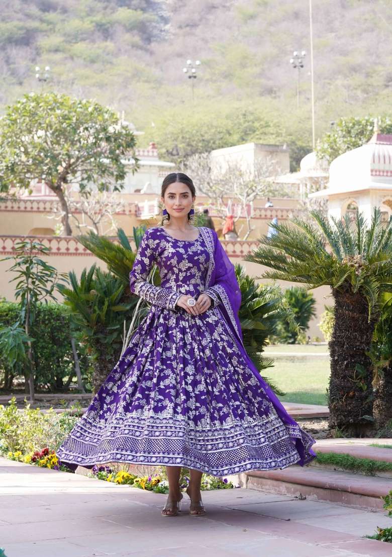 Purple Sequin Work Viscose Anarkali With Dupatta - Indya