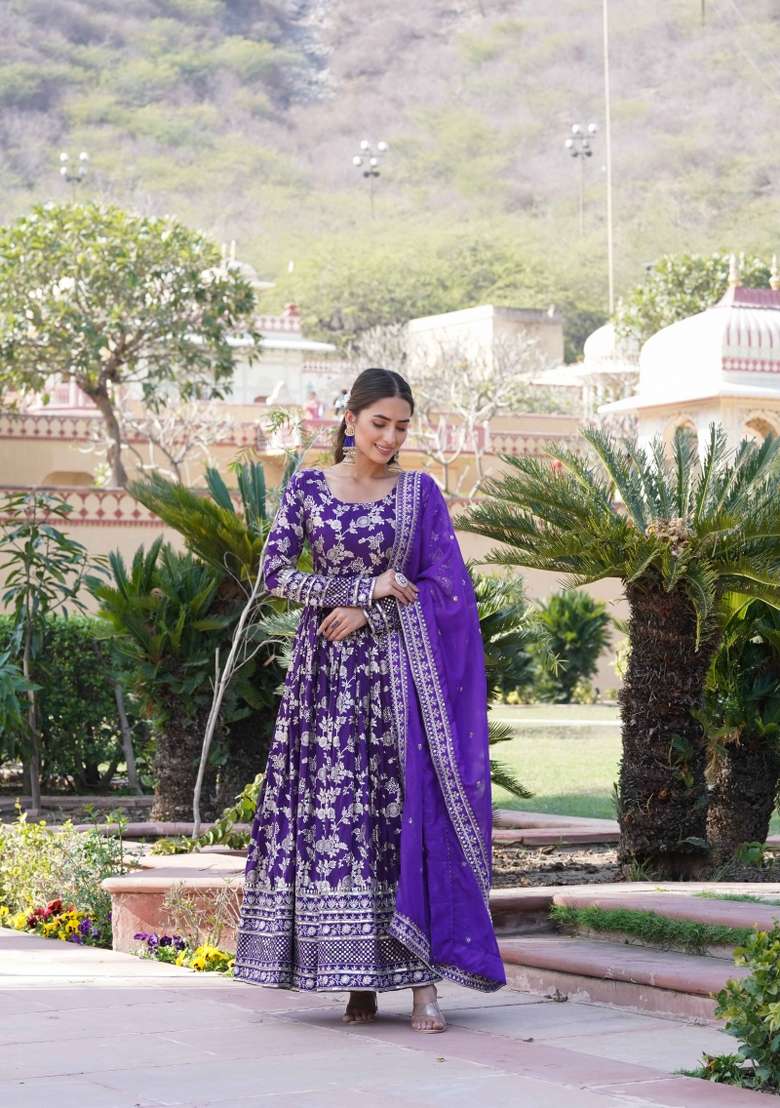 Purple Sequin Work Viscose Anarkali With Dupatta - Indya