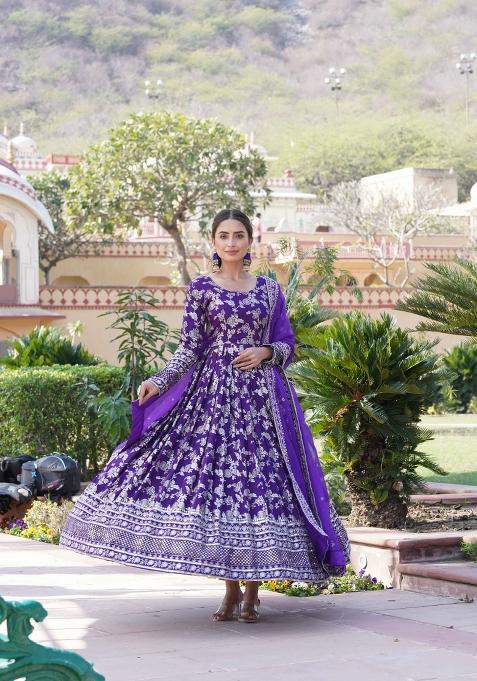 Purple Sequin Work Viscose Anarkali With Dupatta