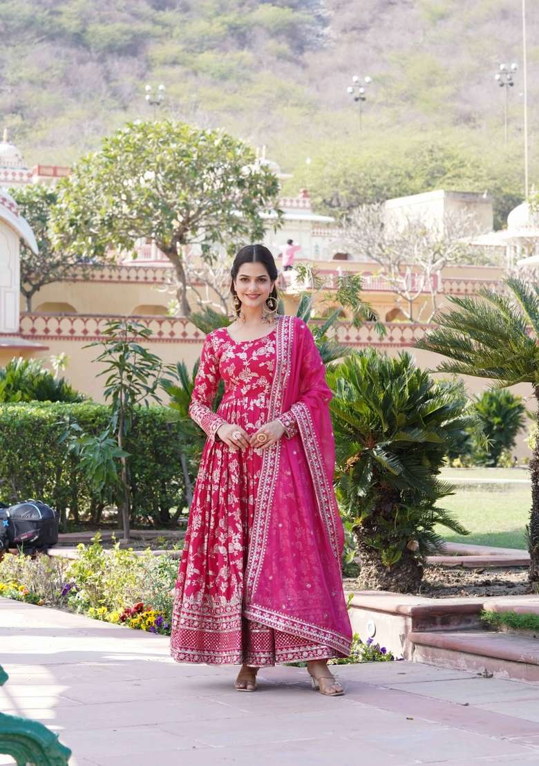Pink Sequin Work Viscose Anarkali With Dupatta - Indya