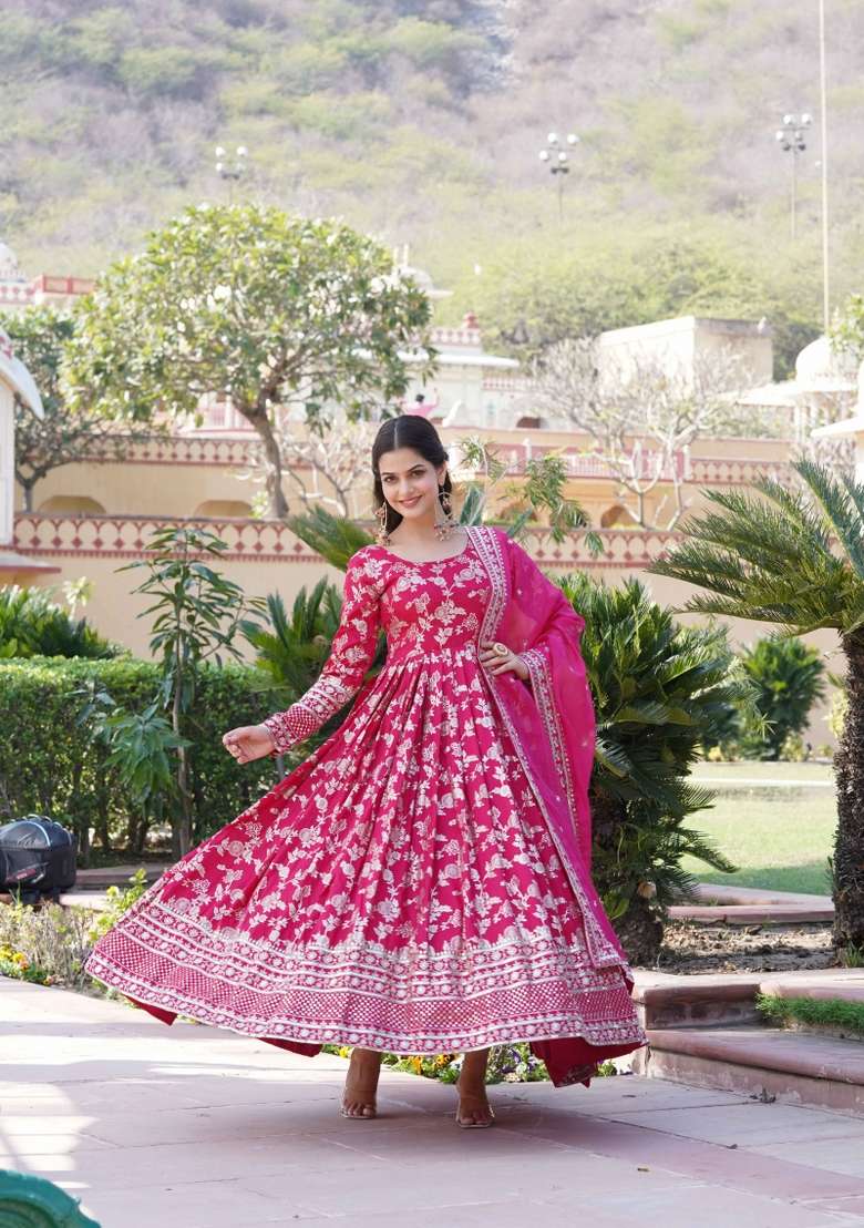 Pink Sequin Work Viscose Anarkali With Dupatta - Indya