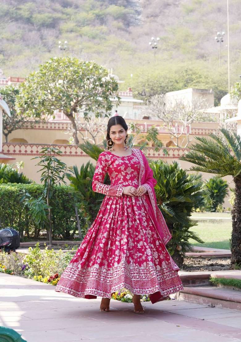 Pink Sequin Work Viscose Anarkali With Dupatta - Indya