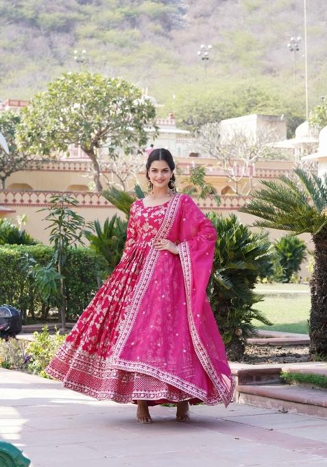 Pink Sequin Work Viscose Anarkali With Dupatta
