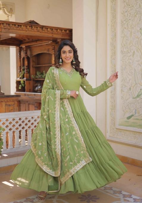 Green Embroidered Georgette Anarkali With Dupatta