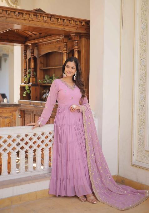 Purple Embroidered Georgette Anarkali With Dupatta