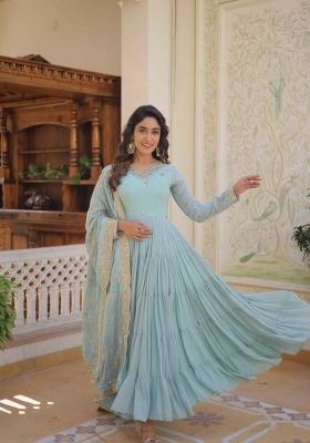 Sky Blue Embroidered Georgette Anarkali With Dupatta