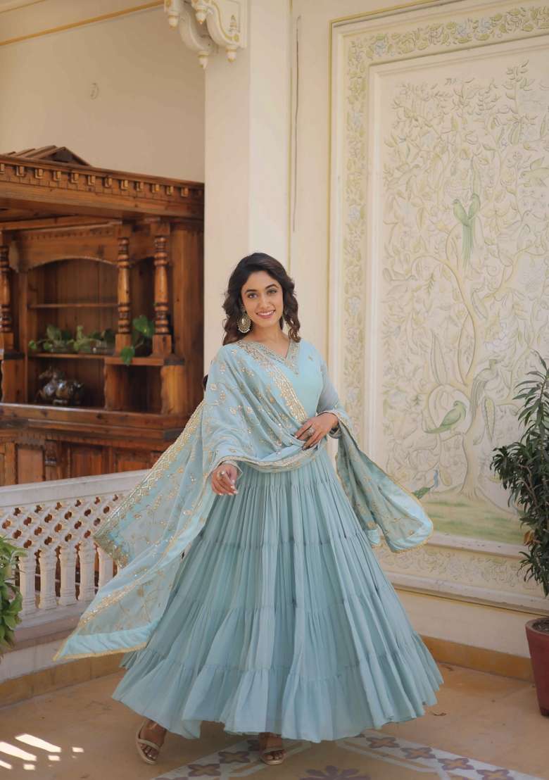 Sky Blue Embroidered Georgette Anarkali With Dupatta - Indya