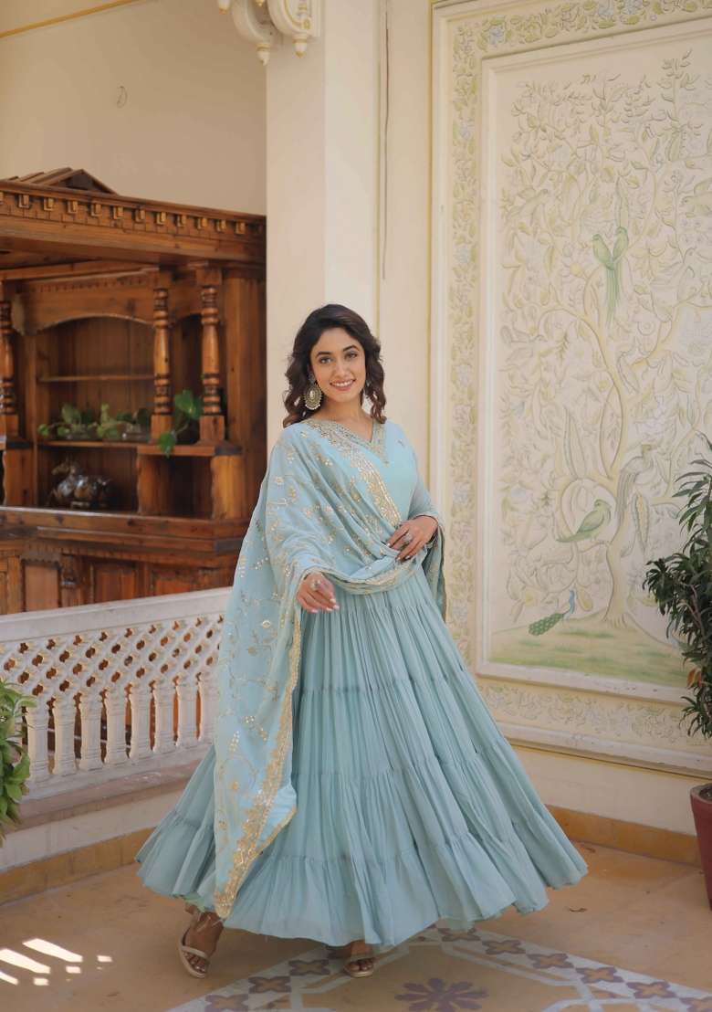 Sky Blue Embroidered Georgette Anarkali With Dupatta - Indya