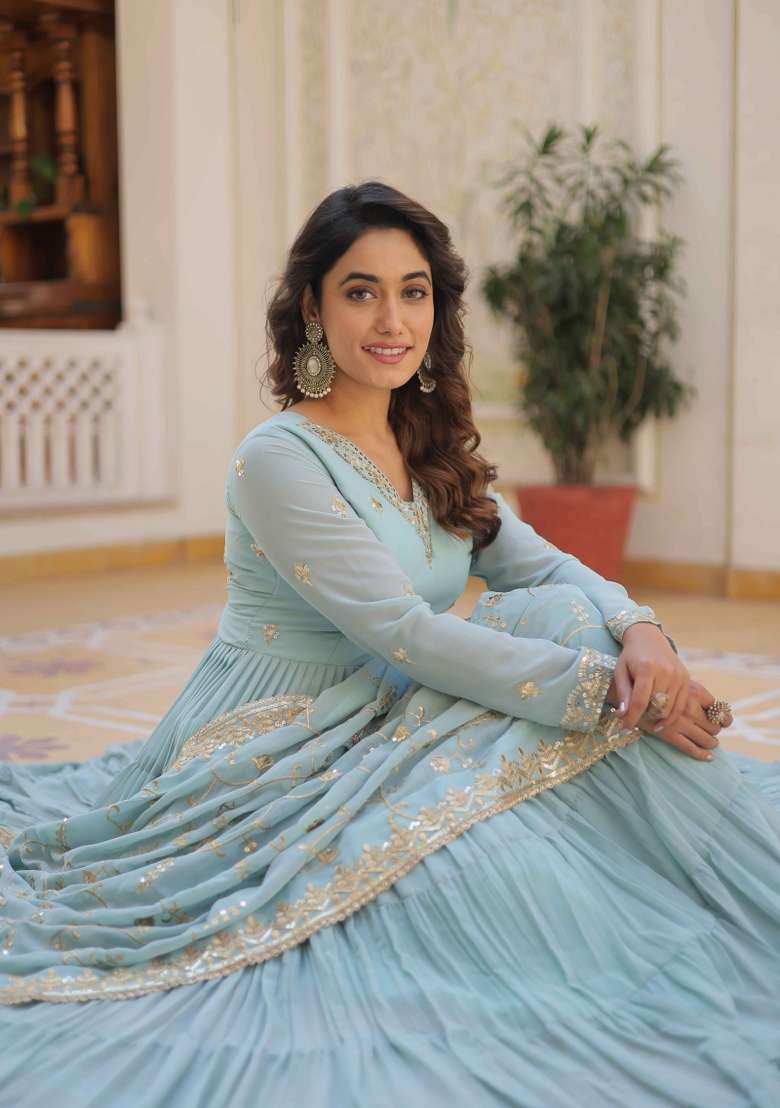 Sky Blue Embroidered Georgette Anarkali With Dupatta - Indya