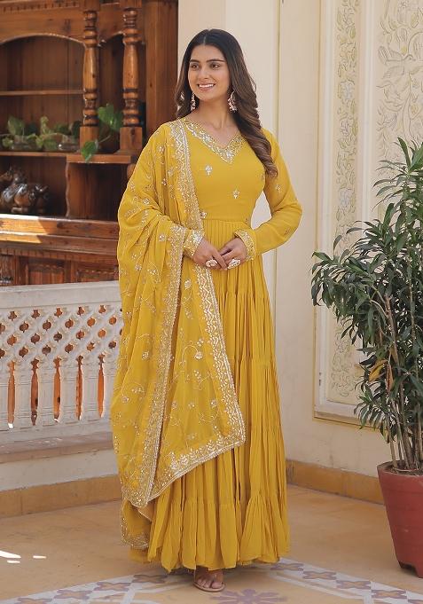Yellow Embroidered Georgette Anarkali With Dupatta