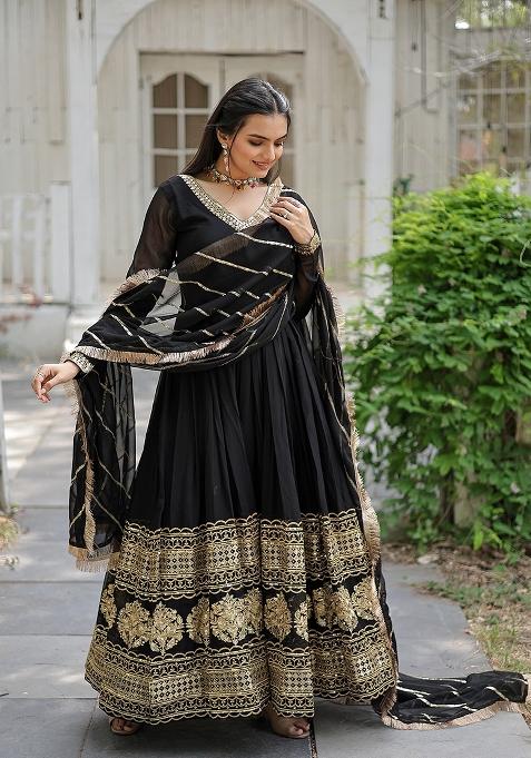 Black Sequin Work Faux Blooming Anarkali With Dupatta