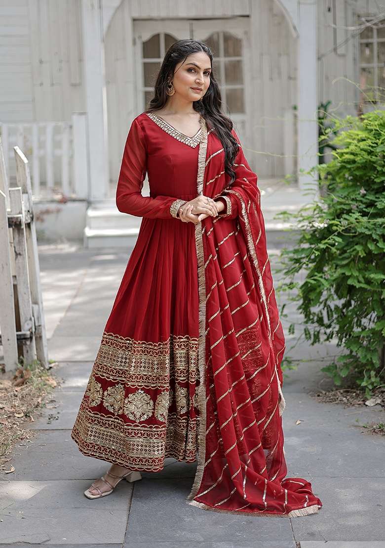 Maroon Sequin Work Faux Blooming Anarkali With Dupatta - Indya