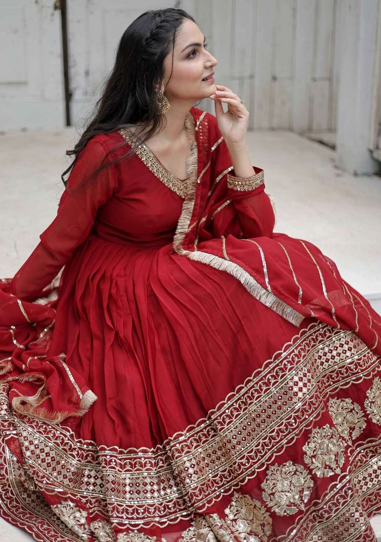 Maroon Sequin Work Faux Blooming Anarkali With Dupatta - Indya