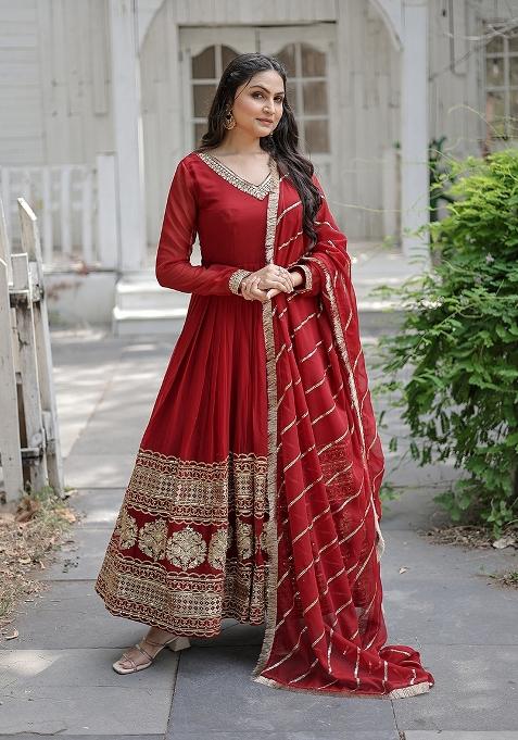 Maroon Sequin Work Faux Blooming Anarkali With Dupatta