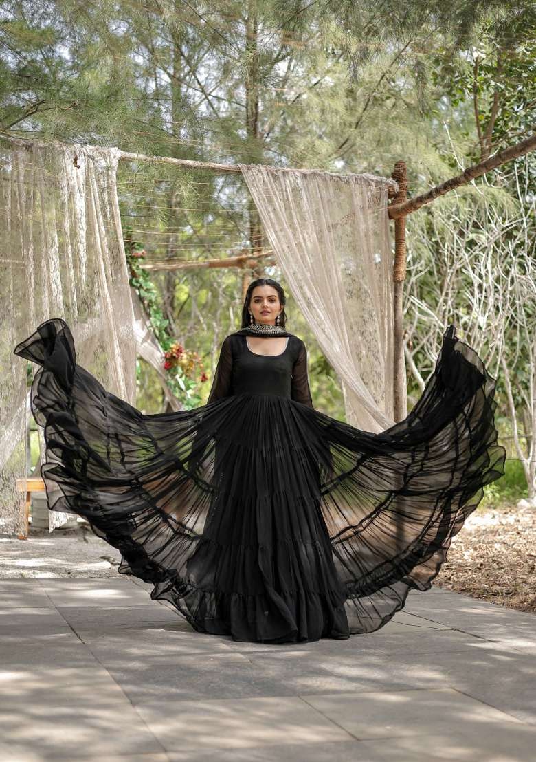 Black Sequin Work Georgette Anarkali With Dupatta - Indya