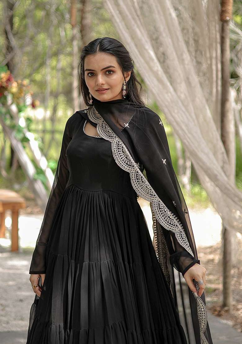 Black Sequin Work Georgette Anarkali With Dupatta - Indya