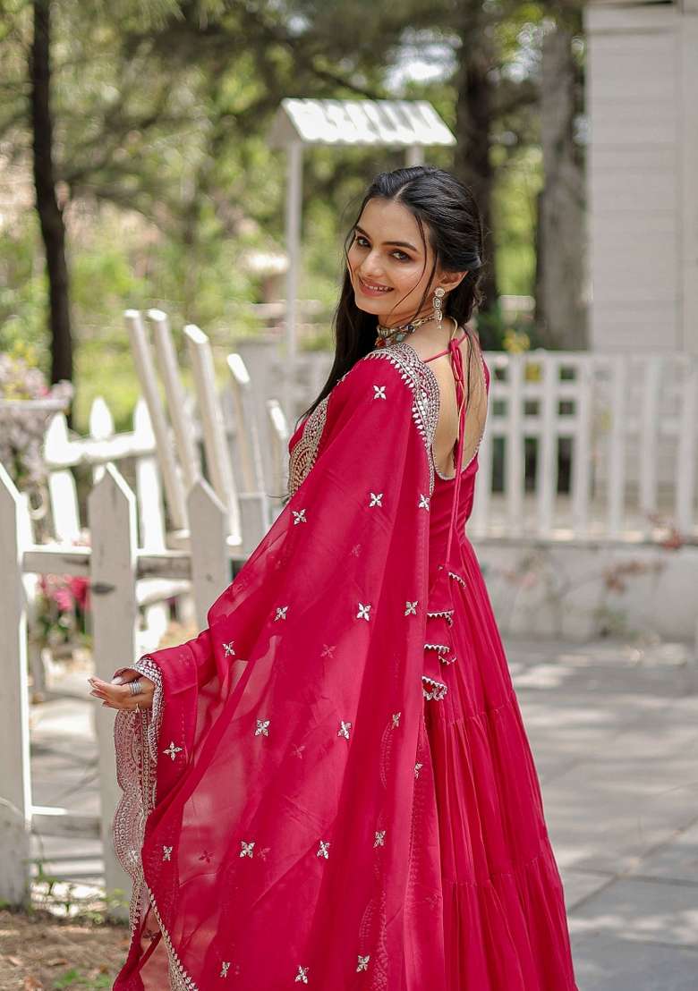 Pink Sequin Work Georgette Anarkali With Dupatta - Indya