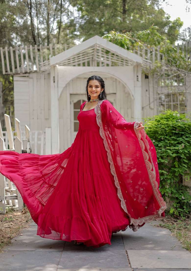 Pink Sequin Work Georgette Anarkali With Dupatta - Indya