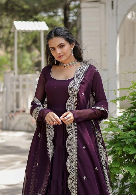 Wine Sequin Work Georgette Anarkali With Dupatta