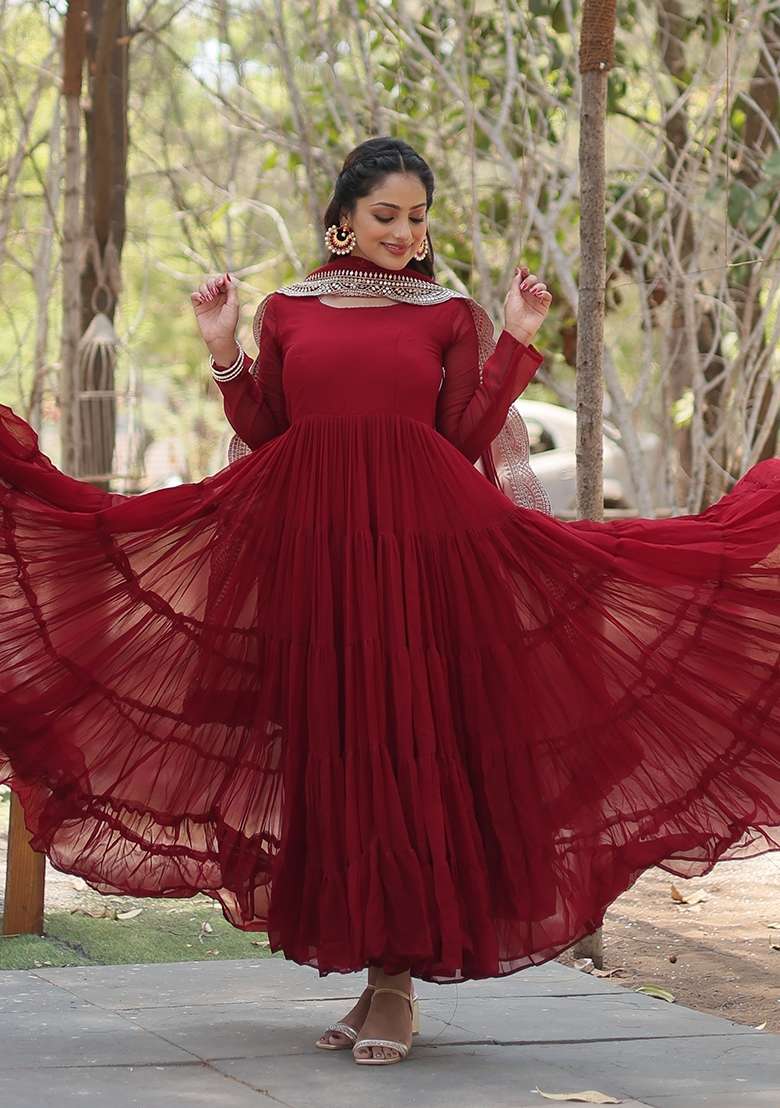 Maroon Sequin Work Georgette Anarkali With Dupatta - Indya