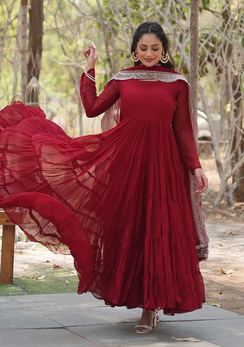 Maroon Sequin Work Georgette Anarkali With Dupatta - Indya