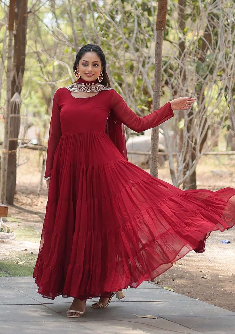 Maroon Sequin Work Georgette Anarkali With Dupatta - Indya