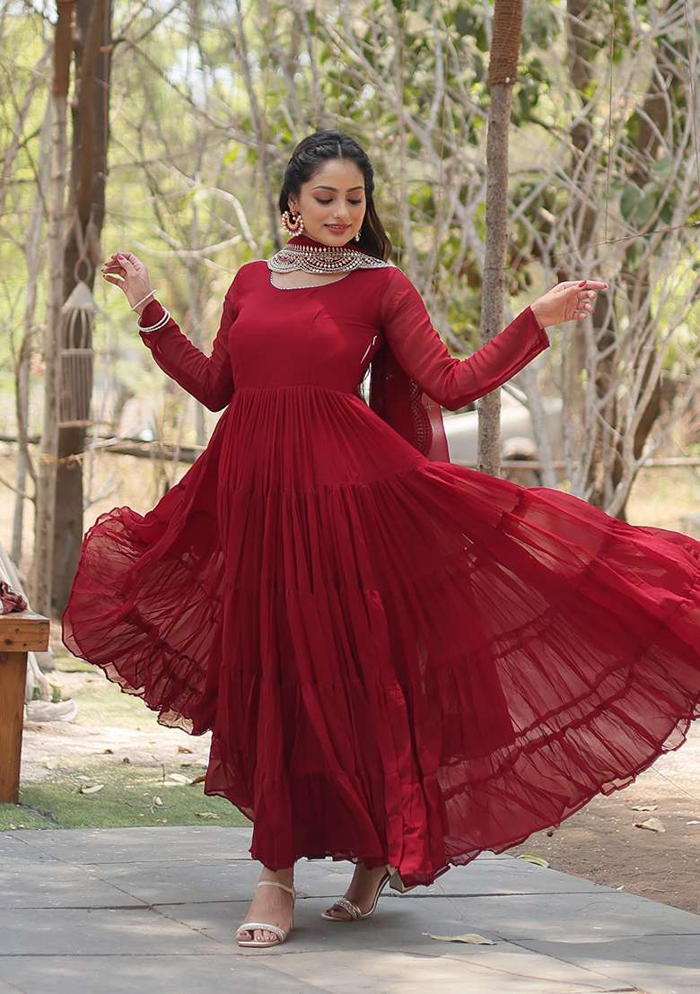 Maroon Sequin Work Georgette Anarkali With Dupatta - Indya