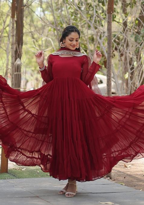 Maroon Sequin Work Georgette Anarkali With Dupatta