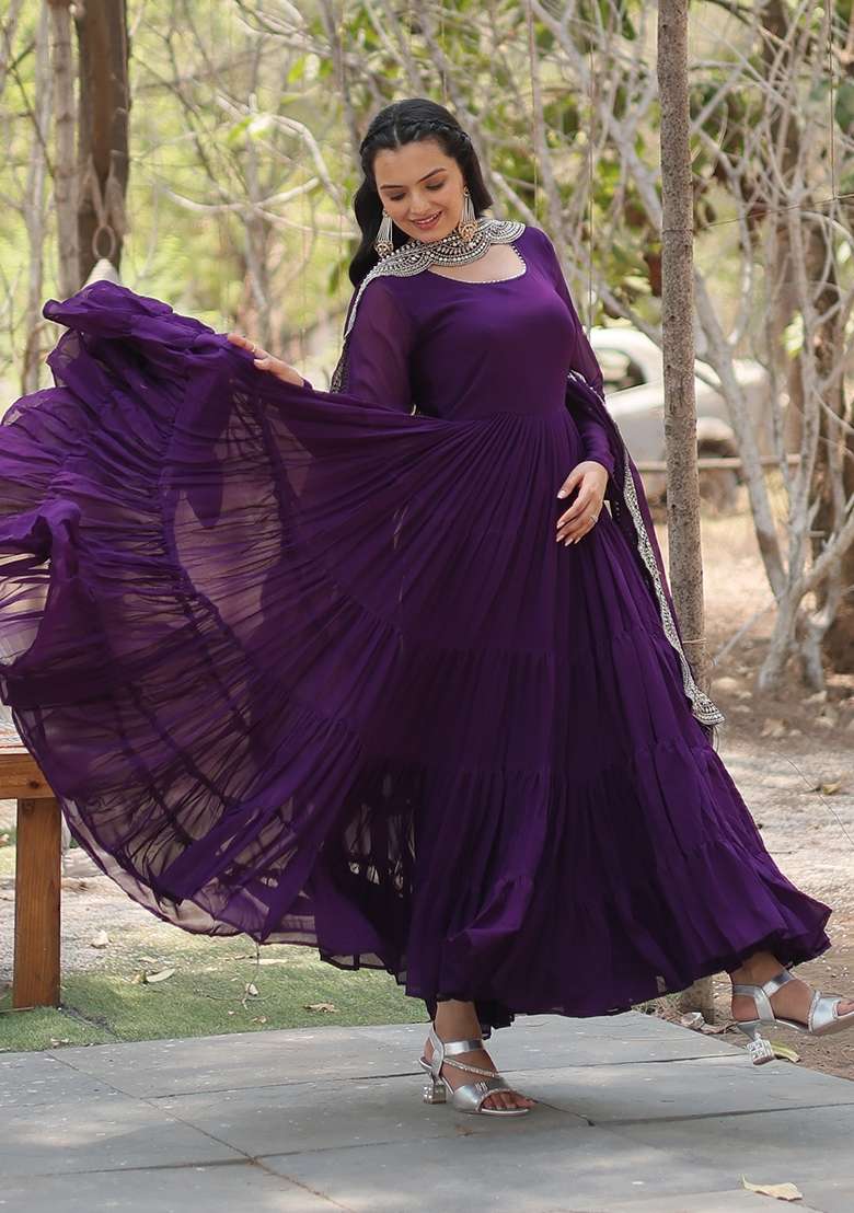 Purple Sequin Work Georgette Anarkali With Dupatta - Indya