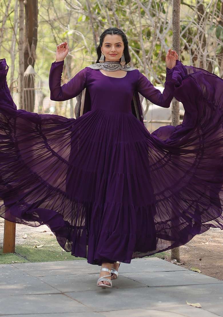 Purple Sequin Work Georgette Anarkali With Dupatta - Indya