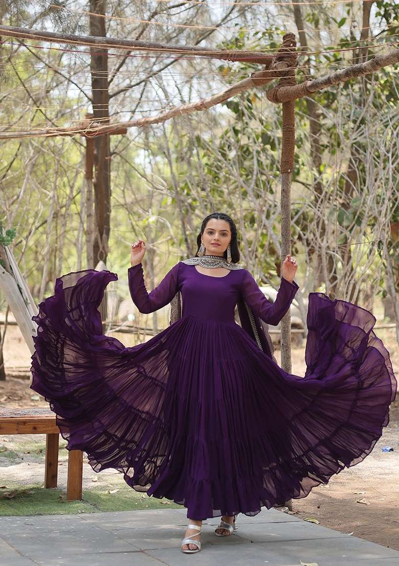 Purple Sequin Work Georgette Anarkali With Dupatta - Indya