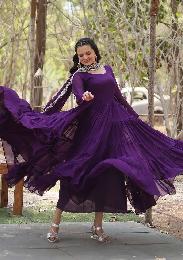 Purple Sequin Work Georgette Anarkali With Dupatta - Indya