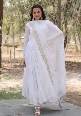 White Sequin Work Georgette Anarkali With Dupatta