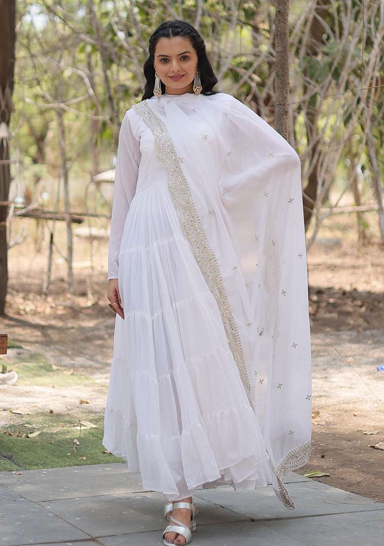 White Sequin Work Georgette Anarkali With Dupatta - Indya