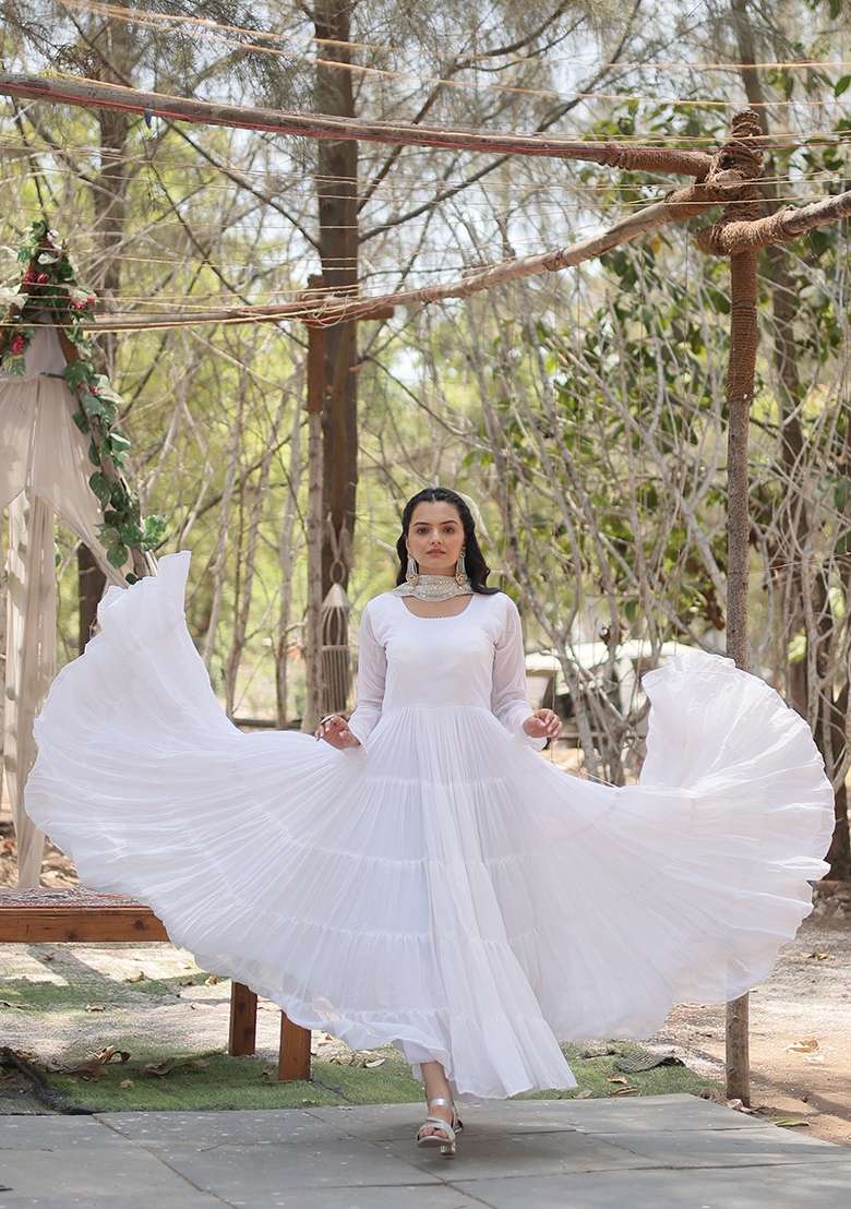 White Sequin Work Georgette Anarkali With Dupatta - Indya