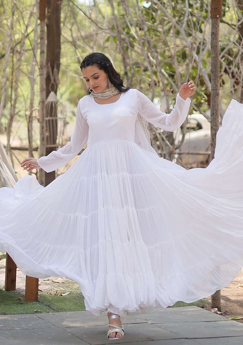 White Sequin Work Georgette Anarkali With Dupatta - Indya